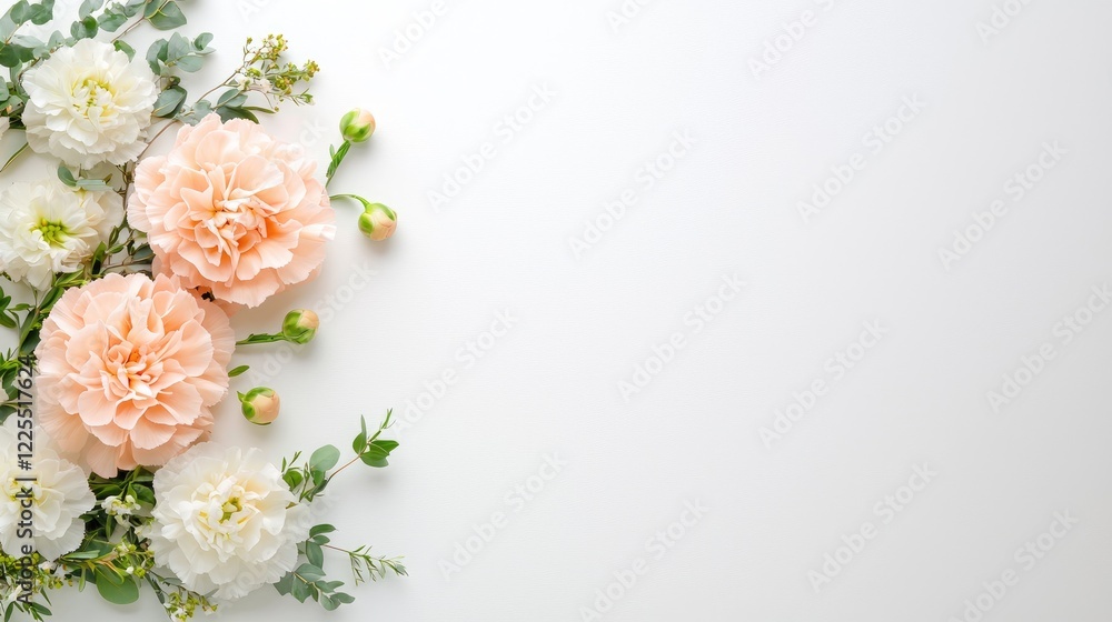 Peach and white carnations, eucalyptus; floral arrangement; white background; wedding invitation design Peach and white carnations, eucalyptus; floral arrangement; white background; wedding invitation design