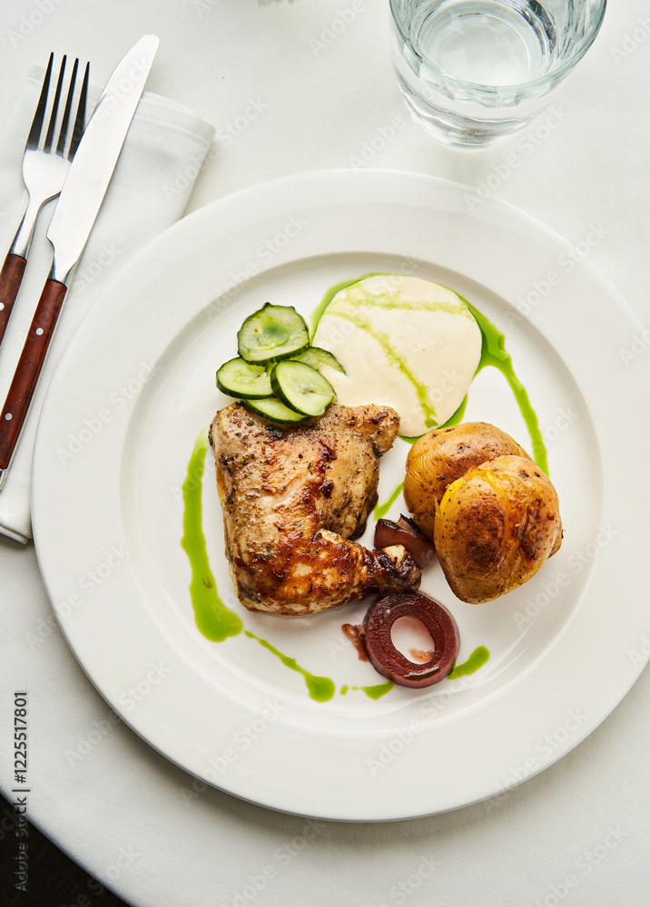 A plate features grilled chicken accompanied by creamy mashed potatoes, roasted vegetables, and fresh cucumbers. The setting is refined with cutlery beside the dish and a glass of water A plate features grilled chicken accompanied by creamy mashed potatoes, roasted vegetables, and fresh cucumbers. The setting is refined with cutlery beside the dish and a glass of water