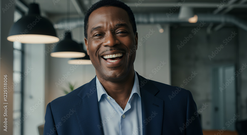 Fototapeta premium Happy African American Businessman Smiling in Modern Office