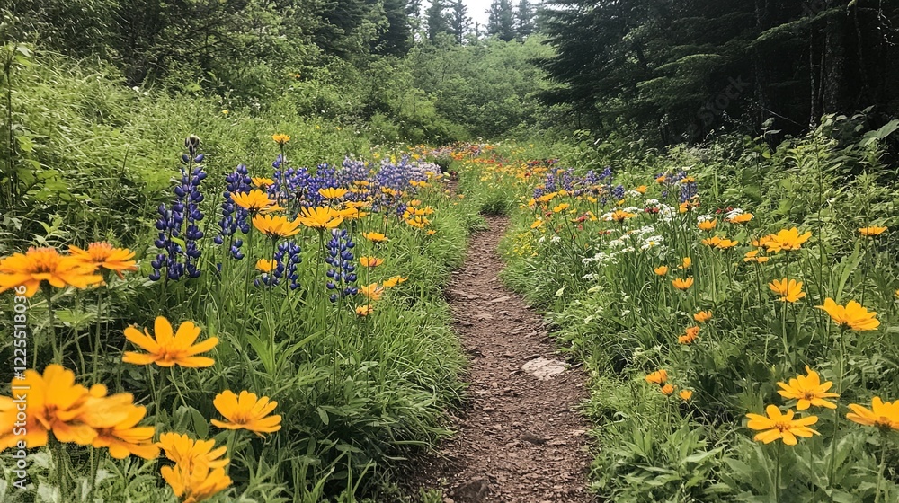 Fototapeta premium Wildflowers blooming along a forest trail, vibrant colors contrasting with the rich green backdrop 