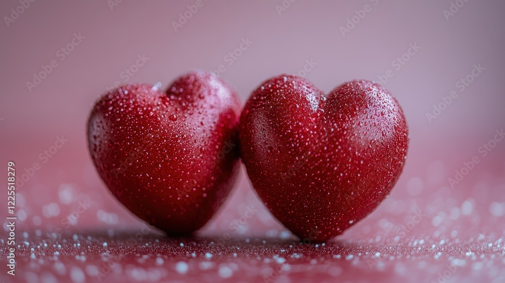 Two Red Hearts, Dew Drops, Romantic Valentine's Day Two Red Hearts, Dew Drops, Romantic Valentine's Day
