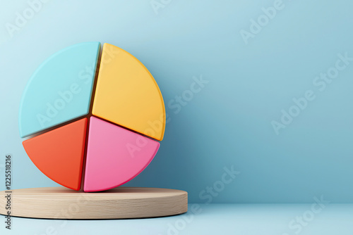 colorful 3D pie chart with four segments in blue, yellow, orange, and pink is displayed on wooden platform against light blue background, illustrating data visualization photo