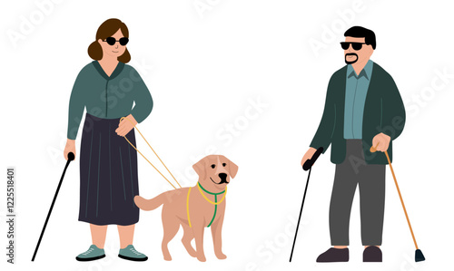 Blind man and blind woman with her dog guide walking outside