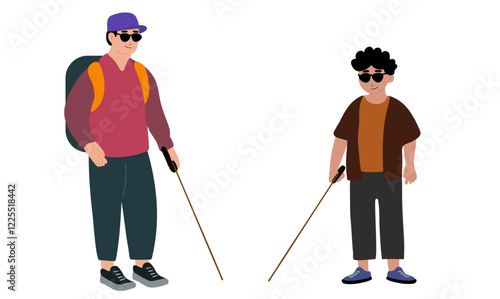 Blind man and blind boy with his stick guide walking outside