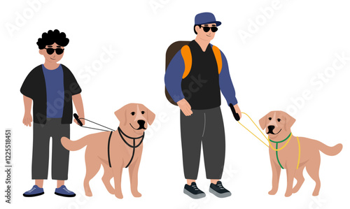 Two blind boy man with his dog guide walking outside