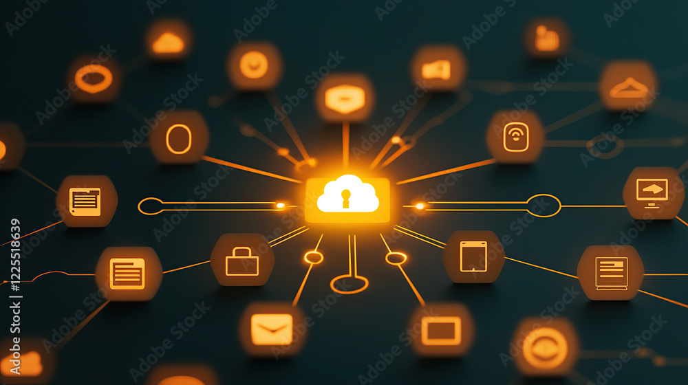 glowing cloud icon with lock is surrounded by interconnected digital symbols, representing secure cloud computing and data protection glowing cloud icon with lock is surrounded by interconnected digital symbols, representing secure cloud computing and data protection