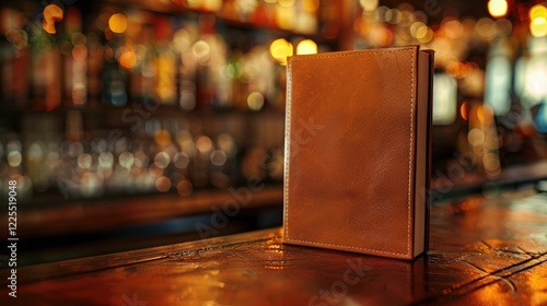 Menu design on blurred bar background with leather binding photo