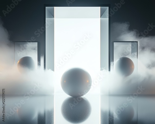 Abstract floating orbs with glowing core patterns in a misty, dark void futuristic 3D art with dynamic lighting and depth photo