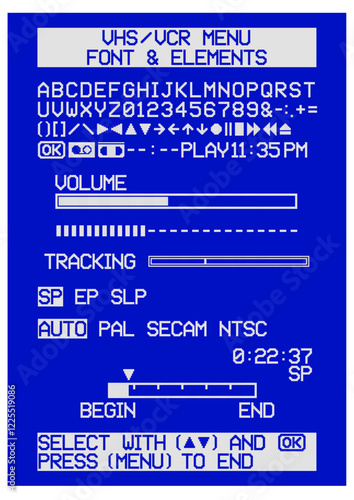 Vector illustration of VHS VCR menu with font, icons and elements