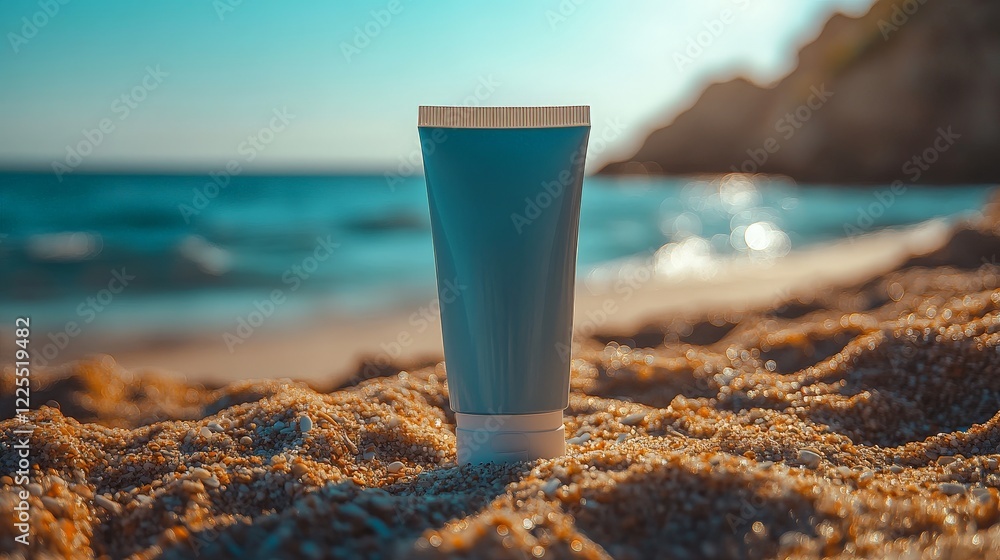 A sunscreen tube on a pristine beach, highlighting summer care and outdoor relaxation themes. A sunscreen tube on a pristine beach, highlighting summer care and outdoor relaxation themes.