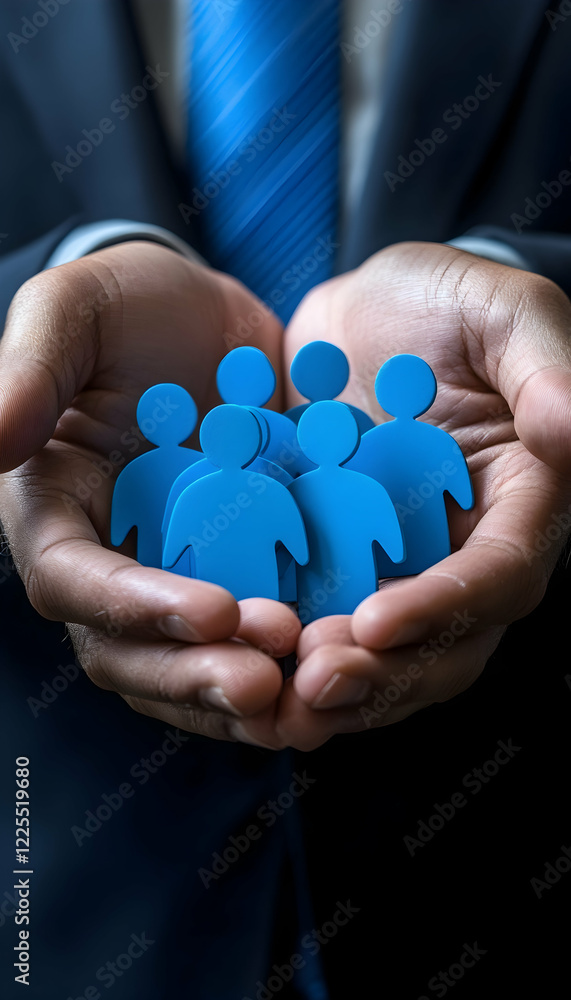 Protecting your valuable team: A businessman's hands gently cradle a group of blue figures, symbolizing the care and protection afforded to a valued team - Protecting your valuable team: A businessman's hands gently cradle a group of blue figures, symbolizing the care and protection afforded to a valued team -