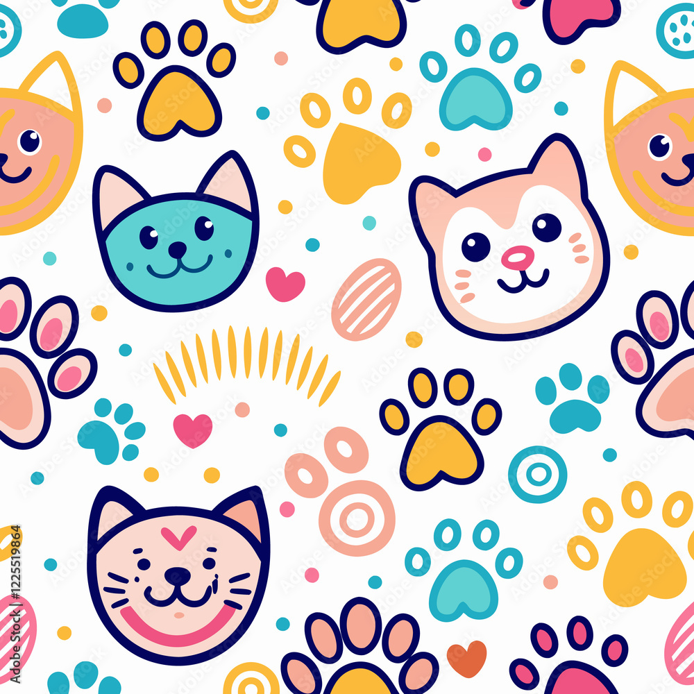 Fototapeta premium Cute cats paw prints seamless pattern, playful background, textile design