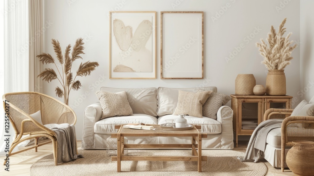 Fototapeta premium Modern Home Decor with Neutral Sofa, Poster Frames, Rattan Chair, Coffee Tables, Flowers, and Accessories