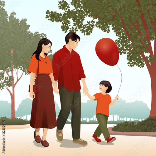 A heartwarming vector illustration of a family enjoying a peaceful walk in the park. The mother, father, and their young child are dressed in coordinated warm tones, holding hands as they stroll