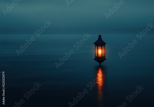 Nighttime Lantern Illuminating Foggy Ocean with Calming Reflection