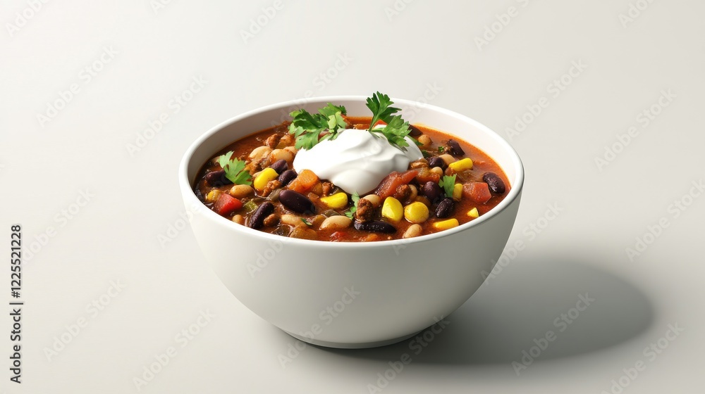 A bowl of hearty chili topped with sour cream and parsley A bowl of hearty chili topped with sour cream and parsley