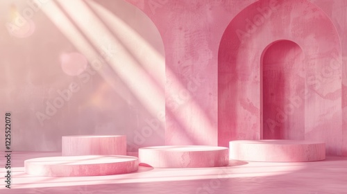 Pastel pink stage mockup with multiple round podiums in sunlight and soft shine wall for advertising cosmetics and goods.
