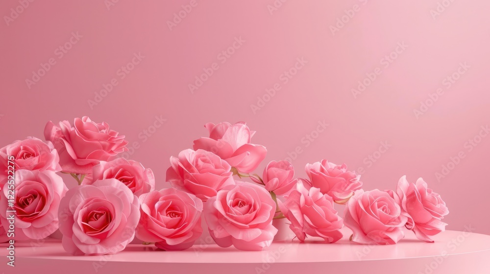 Pink background with empty podium and pink roses for showcasing products or cosmetics, with space for design or ads. Pink background with empty podium and pink roses for showcasing products or cosmetics, with space for design or ads.