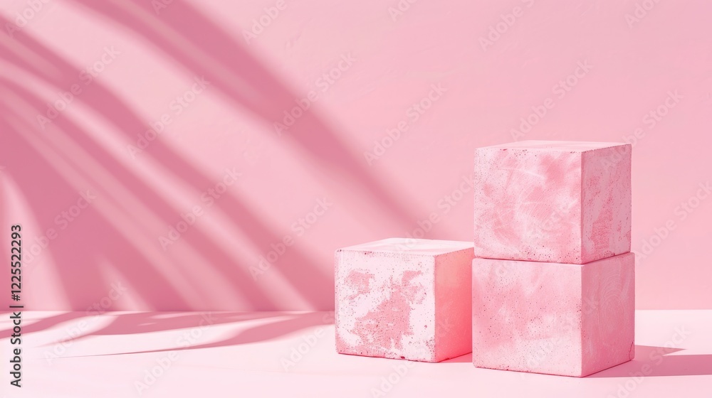 Pink gradient background showcasing two pink cement cubes for cosmetics display with whitespace. Pink gradient background showcasing two pink cement cubes for cosmetics display with whitespace.
