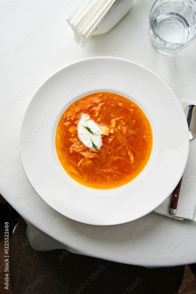 A bowl filled with rich Sauerkraut Soup featuring tender chicken pieces and a dollop of sour cream garnished with fresh herbs sits elegantly on a white table, inviting a warm meal experience A bowl filled with rich Sauerkraut Soup featuring tender chicken pieces and a dollop of sour cream garnished with fresh herbs sits elegantly on a white table, inviting a warm meal experience