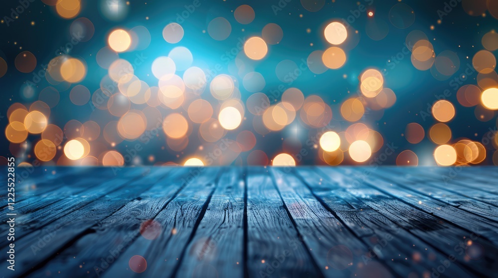 Product display template with blurred bokeh lights on a clear wooden surface Product display template with blurred bokeh lights on a clear wooden surface