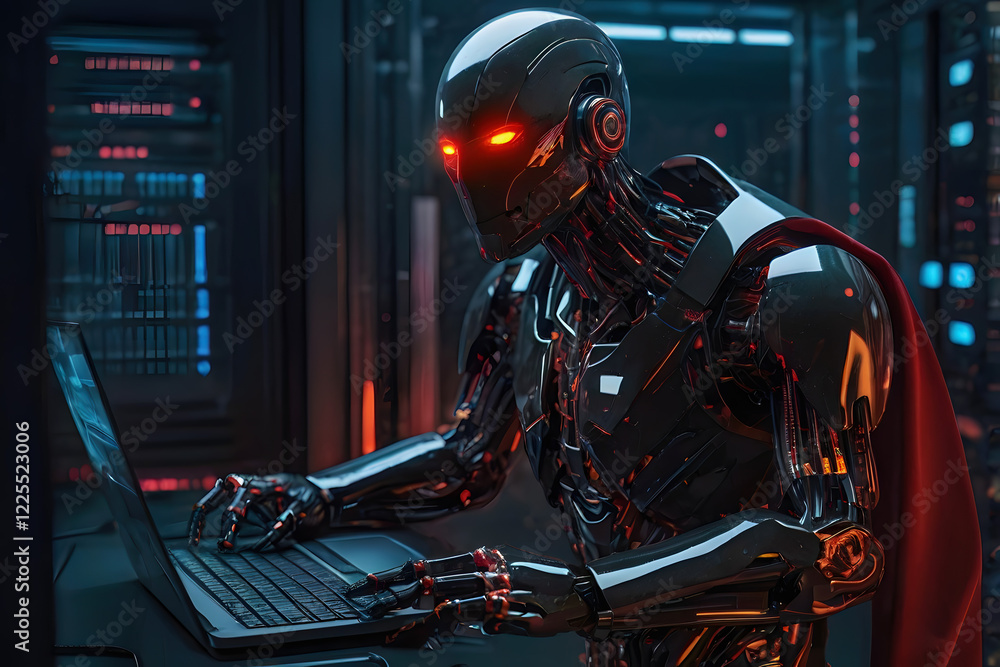 Black AI robot with red eyes standing in data center server modern office working room in concept of cyber security hacking risk and privacy leak in cloud computing technology Black AI robot with red eyes standing in data center server modern office working room in concept of cyber security hacking risk and privacy leak in cloud computing technology