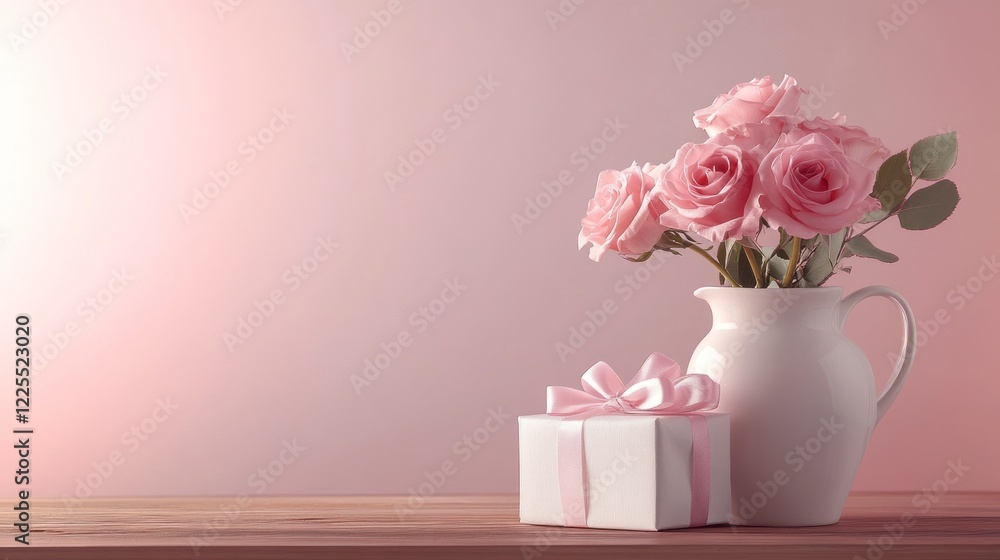 A white ceramic vase with pink roses, next to it is an elegant gift box wrapped in soft ribbon and placed on the wooden table against a pastel background. A white ceramic vase with pink roses, next to it is an elegant gift box wrapped in soft ribbon and placed on the wooden table against a pastel background.