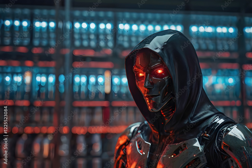 Black AI robot with red eyes standing in data center server modern office working room in concept of cyber security hacking risk and privacy leak in cloud computing technology Black AI robot with red eyes standing in data center server modern office working room in concept of cyber security hacking risk and privacy leak in cloud computing technology