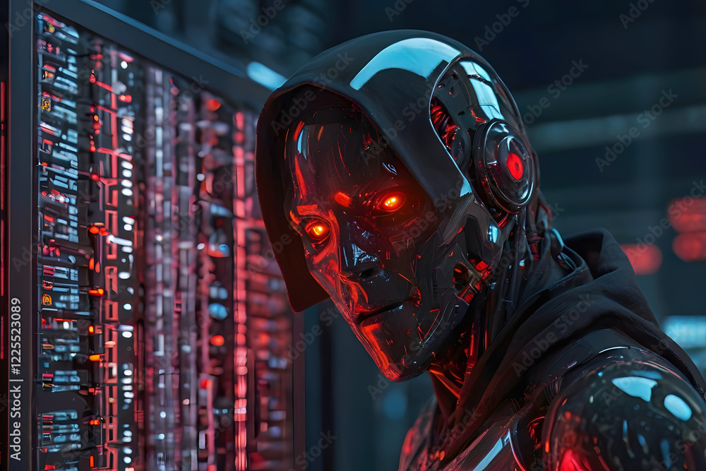 Black AI robot with red eyes standing in data center server modern office working room in concept of cyber security hacking risk and privacy leak in cloud computing technology Black AI robot with red eyes standing in data center server modern office working room in concept of cyber security hacking risk and privacy leak in cloud computing technology