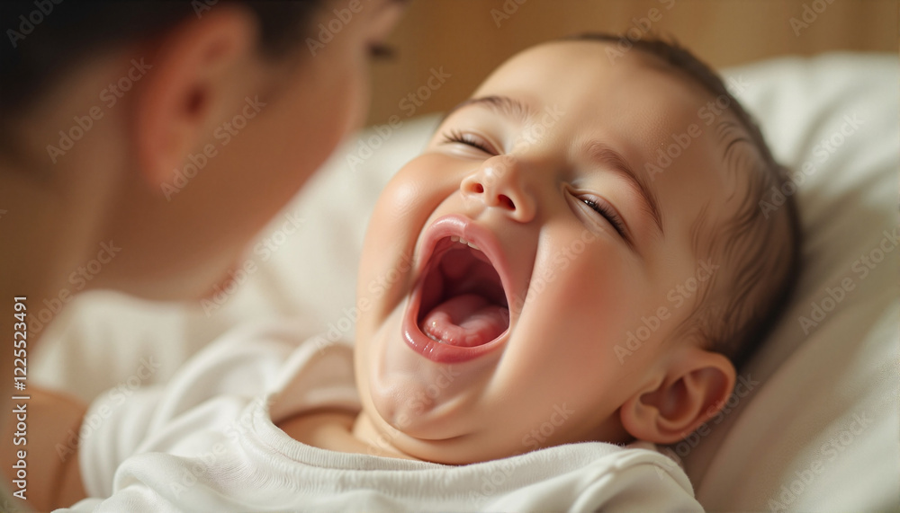 Baby crying, with mother looking at him, in cozy indoor setting Baby crying, with mother looking at him, in cozy indoor setting