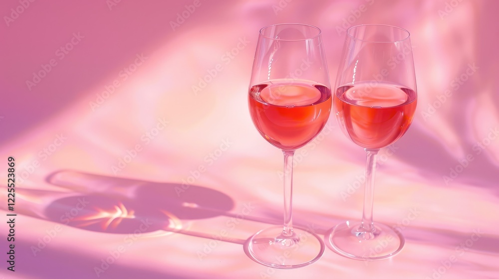 Rose wine glasses on pink background with light reflections Rose wine glasses on pink background with light reflections