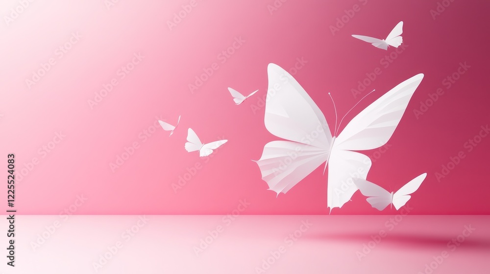 White butterflies flying on pink backdrop for elegant design or artistic project White butterflies flying on pink backdrop for elegant design or artistic project