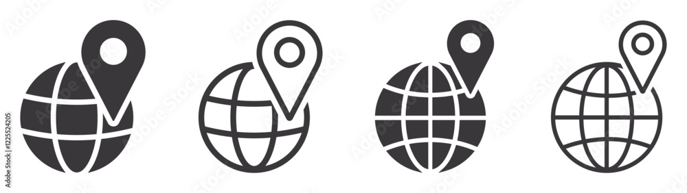 Set of local SEO icons. Location on globe, location marker icon. Globe with location marker. Vector illustration. Set of local SEO icons. Location on globe, location marker icon. Globe with location marker. Vector illustration.