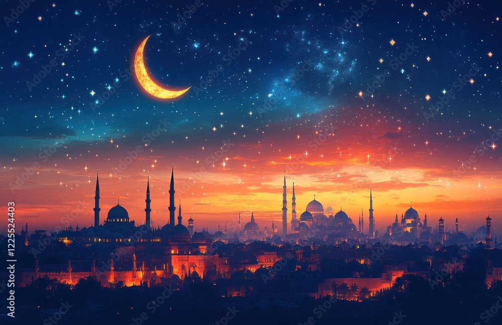Naklejka premium Serene Night Sky Over Historic Cityscape with Starry Background