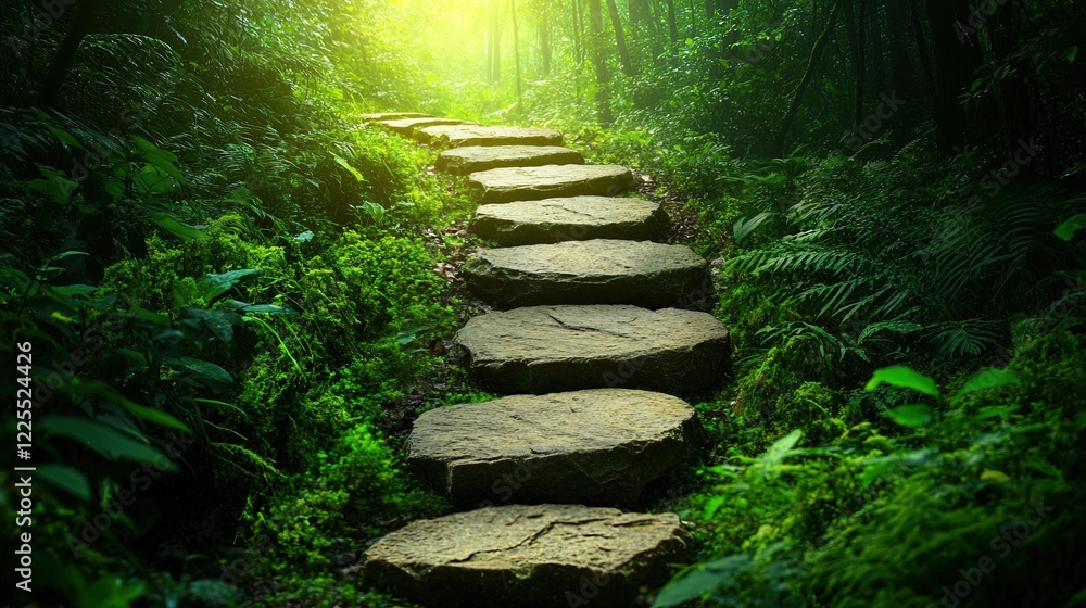 Obraz premium An ancient stone path winding through a lush forest, sunlight illuminating the way, inviting exploration 