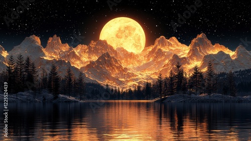 A breathtaking moonlit mountain landscape reflecting on a serene lake, showcasing vibrant colors and dramatic peaks that instill awe and tranquility. photo