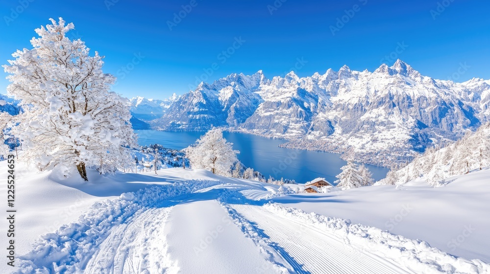 Snowy mountain path overlooking lake, winter landscape Snowy mountain path overlooking lake, winter landscape