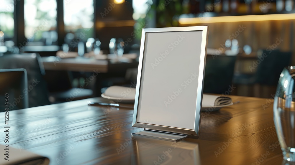 Stainless menu frame and table tent stand displayed on restaurant table Stainless menu frame and table tent stand displayed on restaurant table