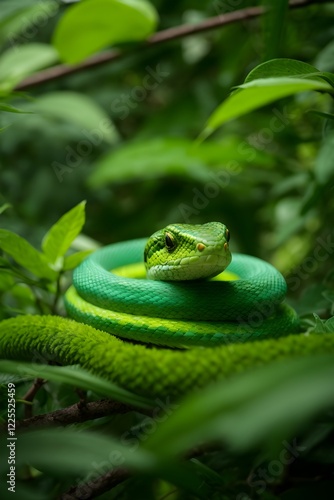 A green snake slithers through the forest and trees
