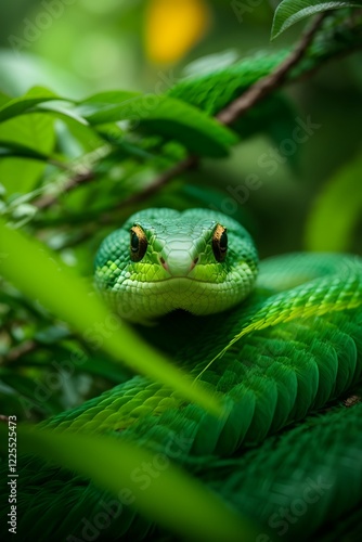 A green snake slithers through the forest and trees