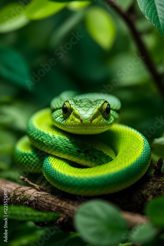 A green snake slithers through the forest and trees