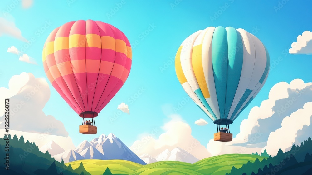 Fototapeta premium Colorful hot air balloons soaring above lush green hills and majestic mountains under a bright sky