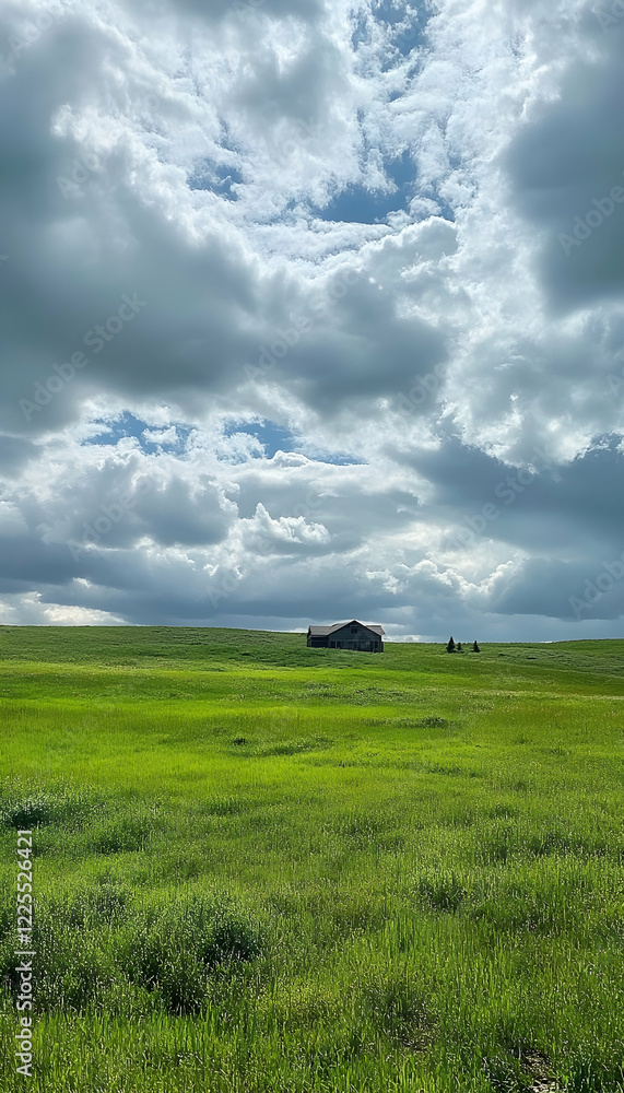 Obraz premium Serene open field with green grass and cloudy sky landscape -