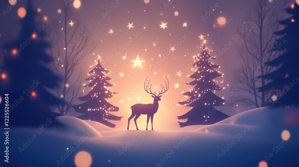 a reindeer standing in a snow-covered winter forest at night, with glowing lights on the trees, creating a magical and festive christmas scene
a reindeer standing in a snow-covered winter forest at night, with glowing lights on the trees, creating a magical and festive christmas scene