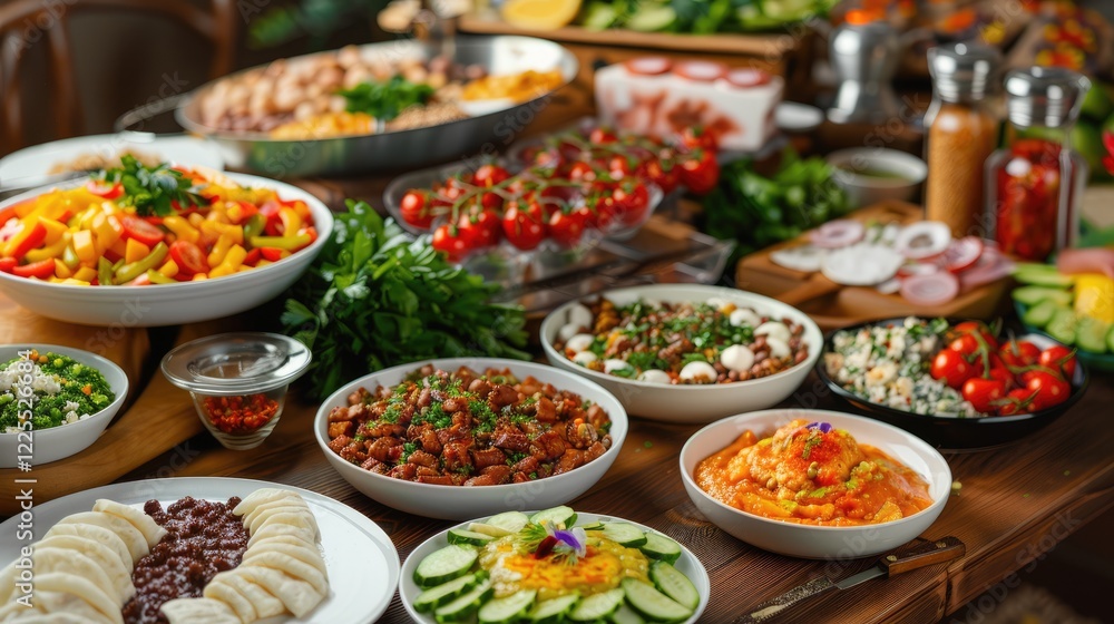 Table with diverse food plates and dips for varied flavors. Table with diverse food plates and dips for varied flavors.