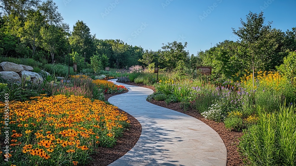 Obraz premium A winding path through a vibrant botanical garden, colorful flowers, and educational signage about plant conservation