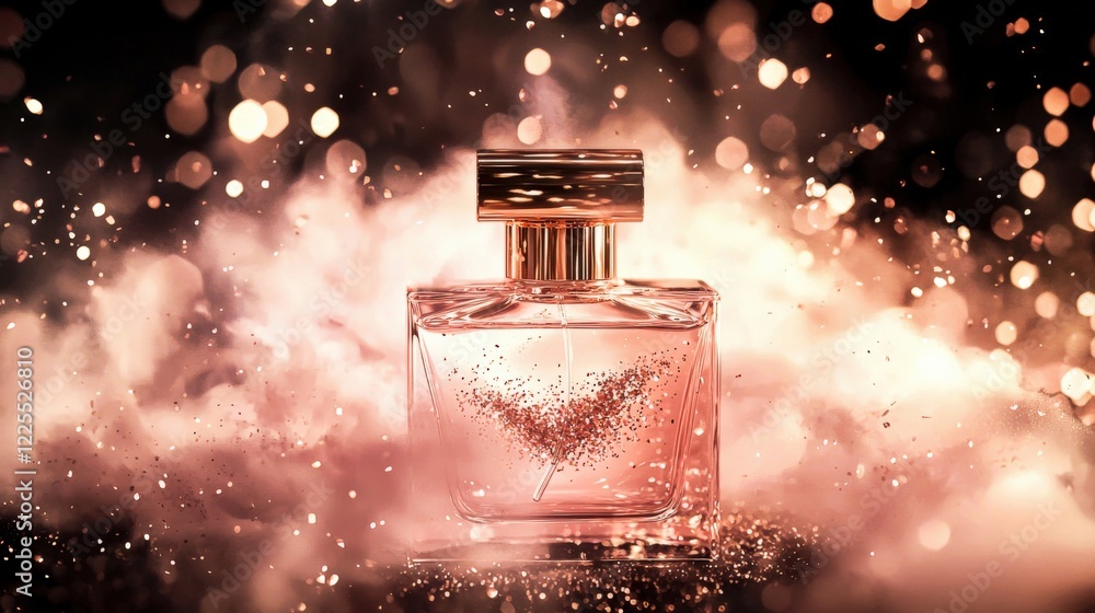 A perfume bottle is encased in a swirling cloud of glittering mist, illuminated by soft white and rose-gold light, creating an enchanting and luxurious atmosphere. A perfume bottle is encased in a swirling cloud of glittering mist, illuminated by soft white and rose-gold light, creating an enchanting and luxurious atmosphere.
