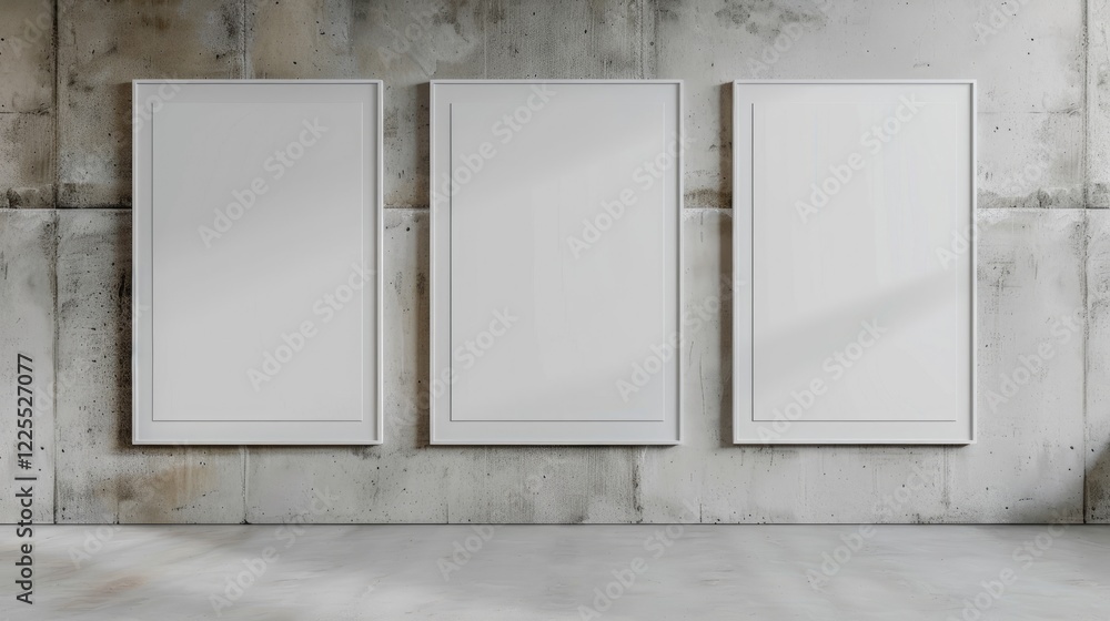 Three pale vertical rectangular poster mockups on light gray concrete wall background Three pale vertical rectangular poster mockups on light gray concrete wall background