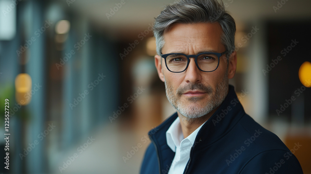 A sharp-dressed middle-aged male executive with glasses, in a navy-blue jacket and a white shirt, positioned in front of a blurred corporate hallway with sleek decor A sharp-dressed middle-aged male executive with glasses, in a navy-blue jacket and a white shirt, positioned in front of a blurred corporate hallway with sleek decor