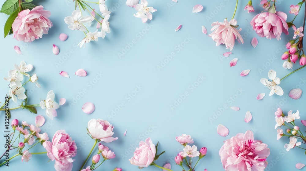 Top view of spring flowers on light blue paper background with space for displaying cosmetics, food, and props. Top view of spring flowers on light blue paper background with space for displaying cosmetics, food, and props.